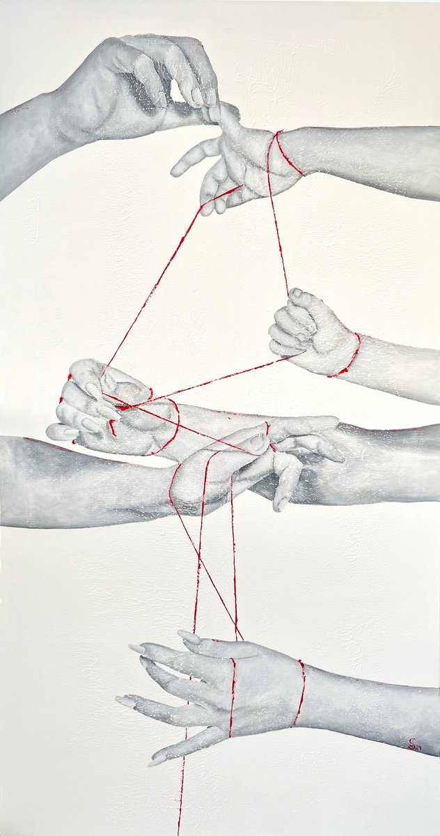 Expressive Portrait Acrylic Painting By Margarita Stepanova, 39 X 79", Three Stories, One Thread, Original Artwork