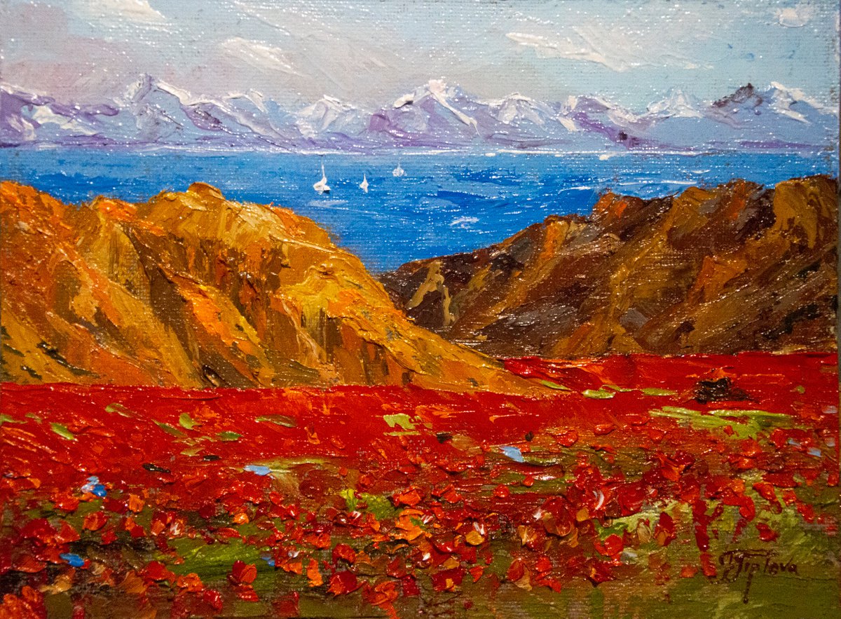Impressionistic Landscape Oil Painting By Tetiana Tiplova, 14 X 11", The Poppy Field In California, Original Artwork