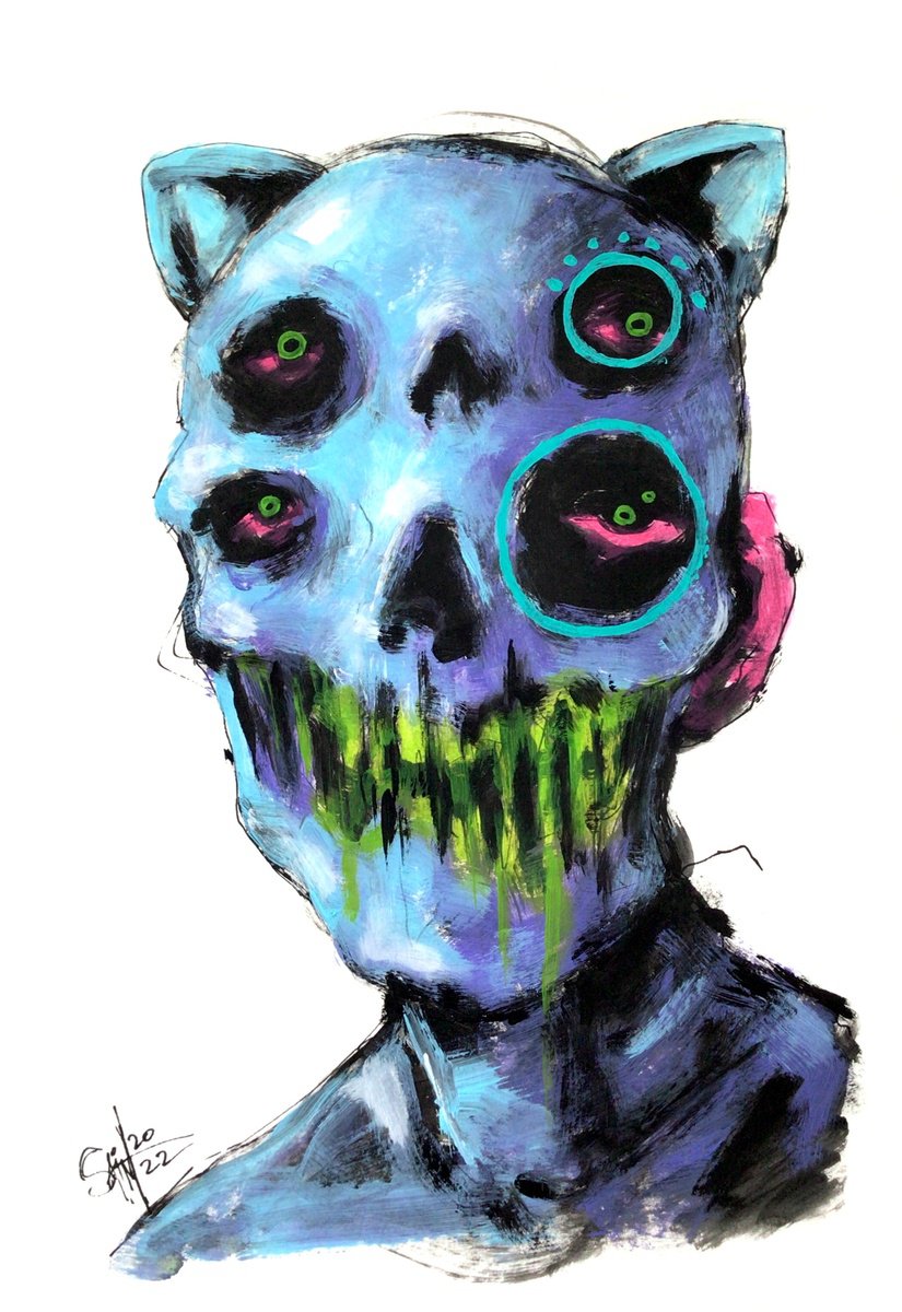 #104 Zombie portrait painting original art, Horror Naive Outsider Folk Art Brut Strange ac... by Ruslan Aksenov