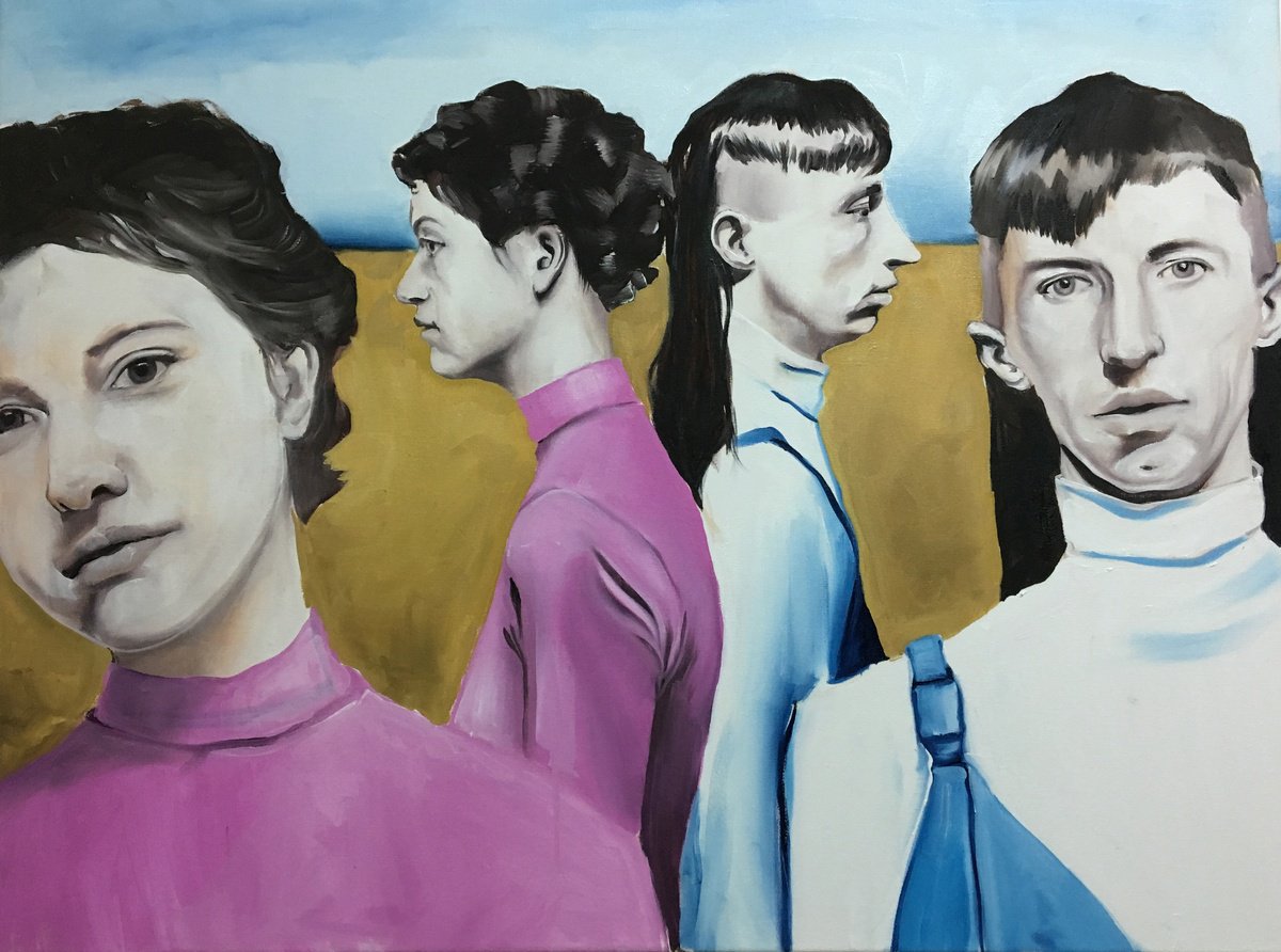 Urban And Pop Portrait Oil Painting By Kujbus Janos, 28 X 20", Field Of Love, Original Artwork