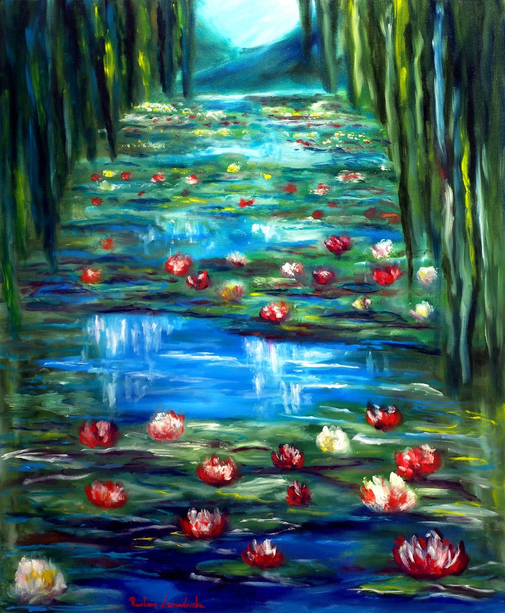 Impressionistic Botanical Oil Painting By Ruslana Levandovska, 30 X 36", Monet Garden Water Lilies, Original Artwork