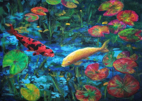 Koi in pond /  ORIGINAL PAINTING