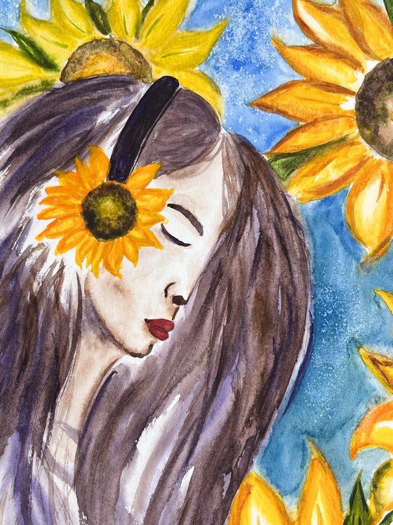 Woman Sunflowers Painting