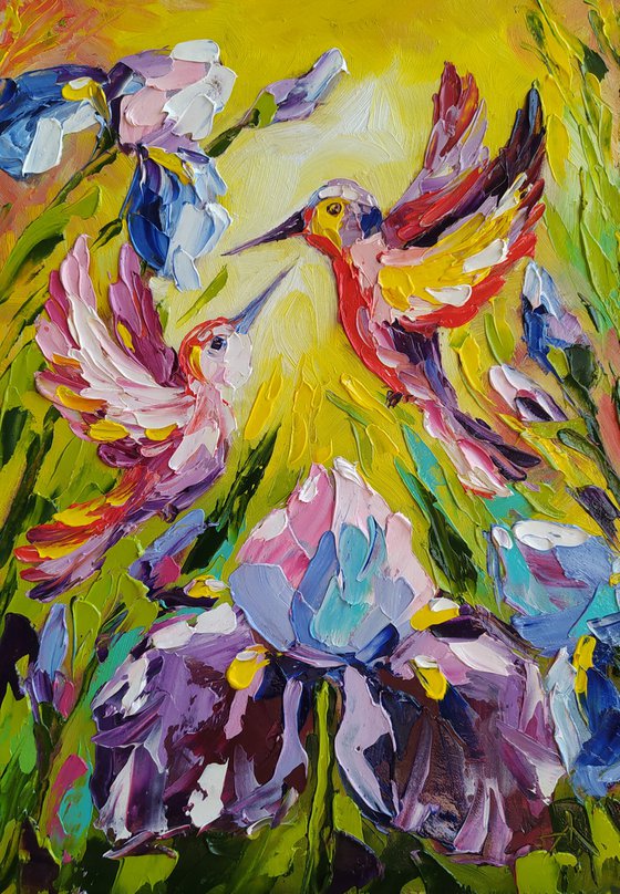 The awakening of love - birds, hummingbird, love, irises, flowers, oil painting, irises flowers, gift idea