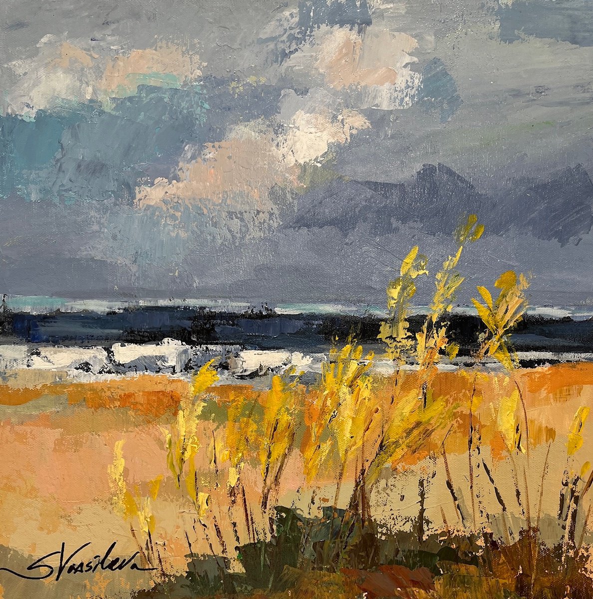 Expressive Landscape Acrylic Painting By Silvia Vassileva, 15 X 15", Seaside I, Original Artwork