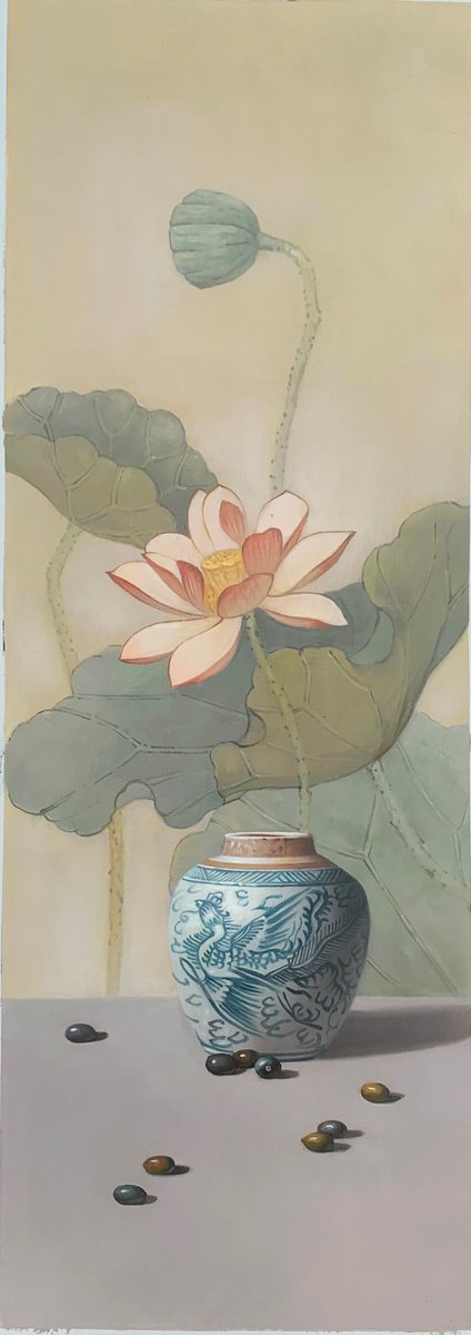 Photorealistic Still Life Oil Painting By Kunlong Wang, 14 X 39", Still Life: Chinese China With Fruit T164, Original Artwork