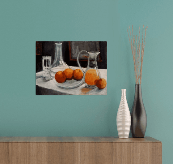 Still life with Glassware and Oranges