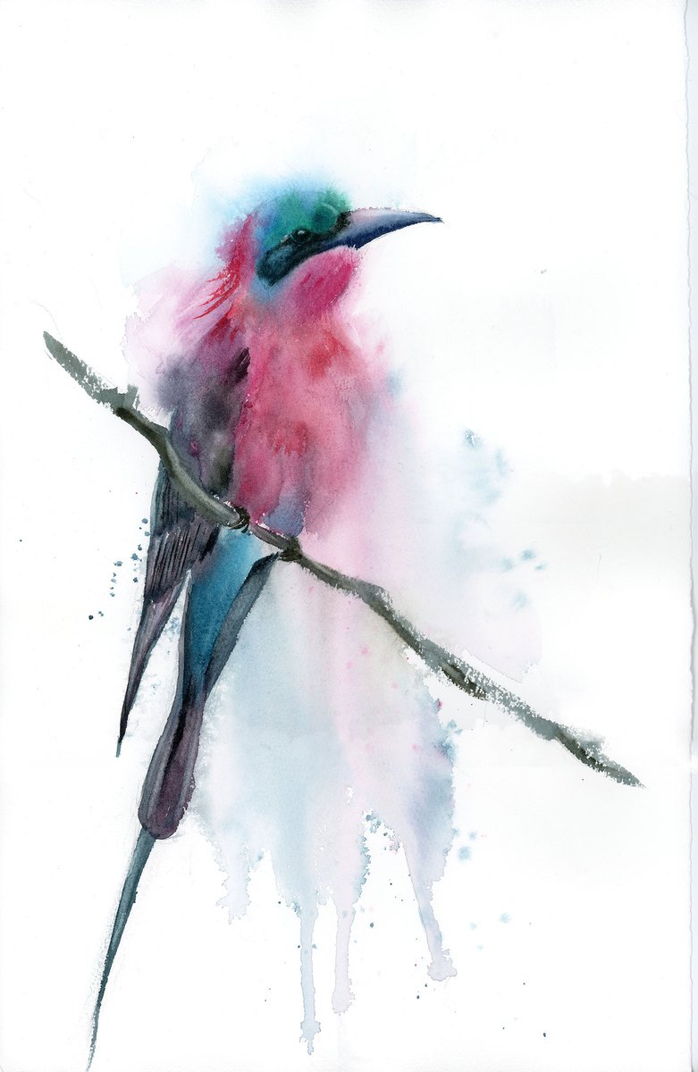 Impressionistic Animal Watercolour By Olga Tchefranov (Shefranov), 11 X 18", Bee Eater On The Branch, Original Artwork