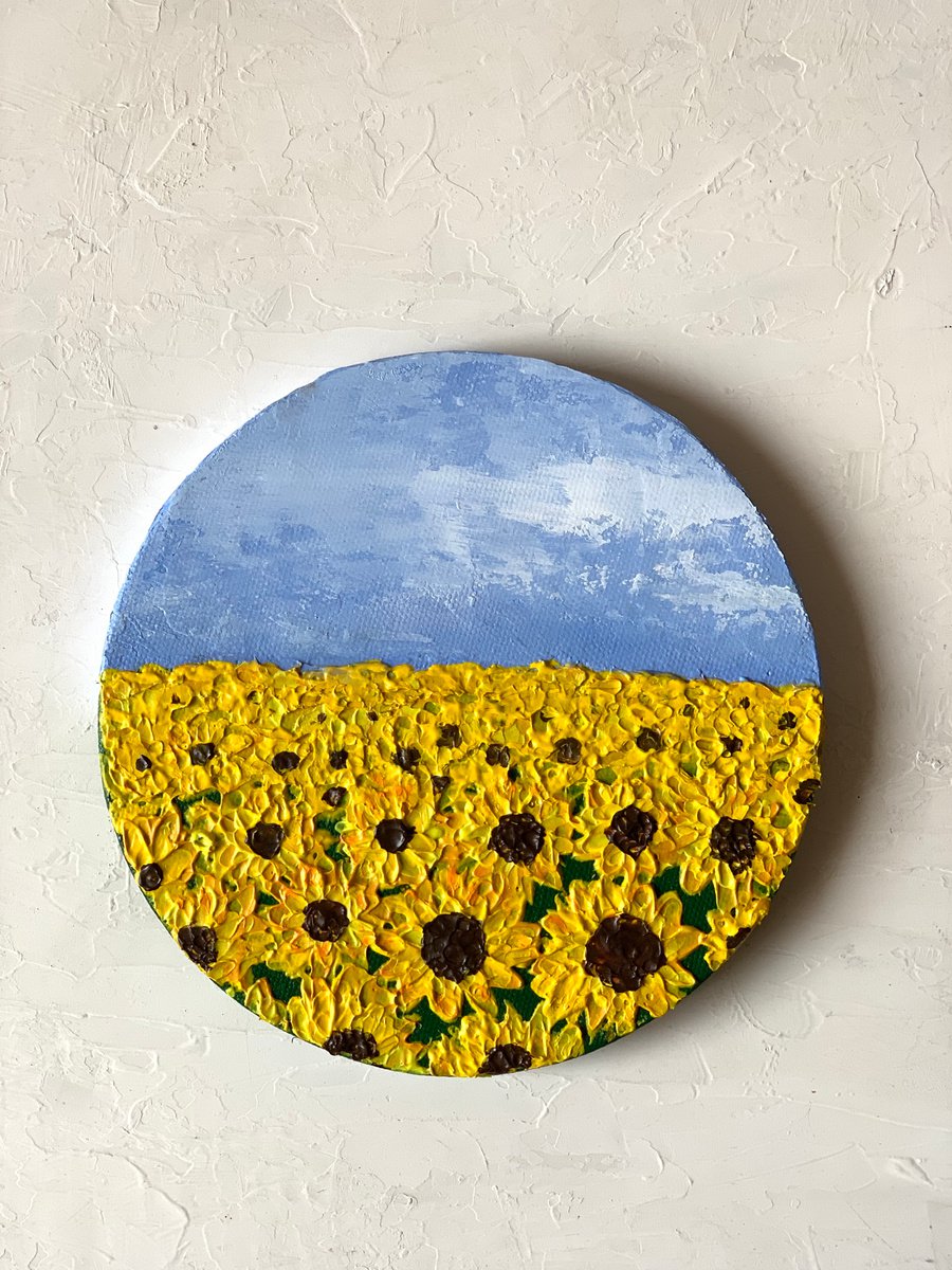 Sunflower field! Impasto painting on round canvas! Ready to hang Acrylic  painting by Amita Dand