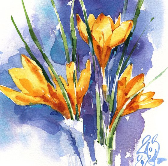 "Fiery" spring flowers crocuses yellow orange watercolours