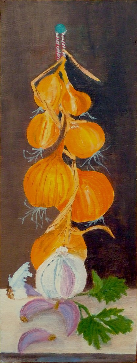 Impressionistic Still Life Oil Painting By Maddalena Pacini, 5 X 13", In My Kitchen, Original Artwork