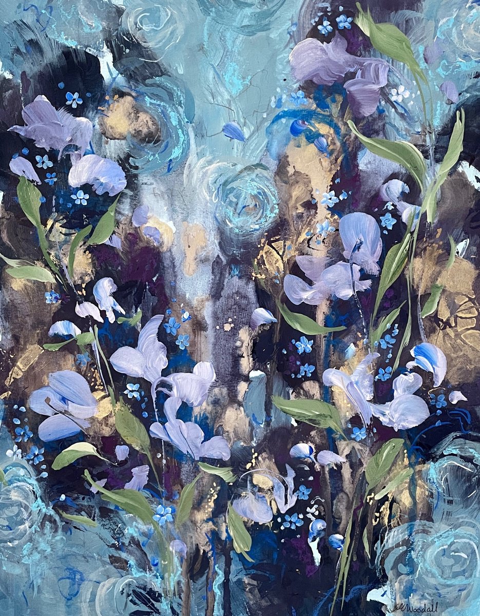 Organic Botanical Acrylic Painting By Nicole Esposito Woodall, 16 X 20", Midnight Fleur Ii, Original Artwork