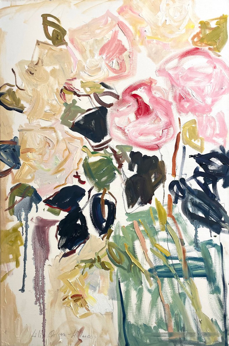 Impressionistic Botanical Oil Painting By Lilia Orlova-Holmes, 24 X 35", Vase Of Roses, Original Artwork