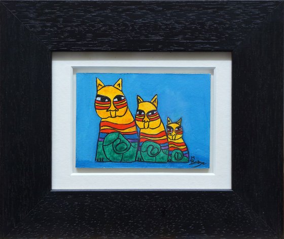Colourful Cat Family - ACEO Size - Framed - Acrylic Painting