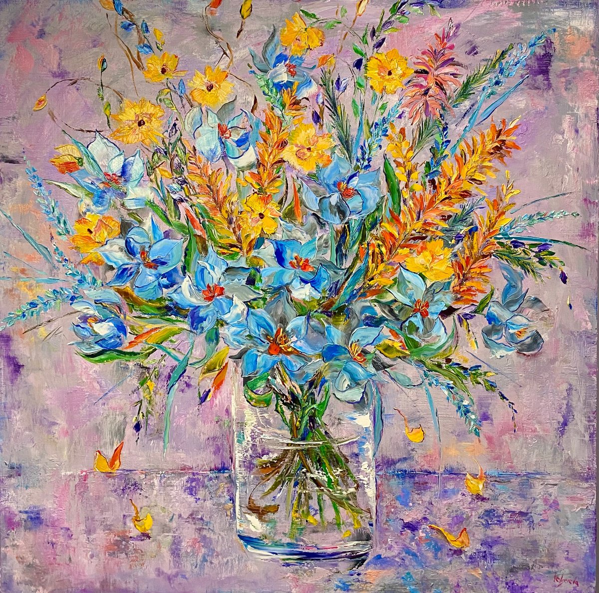 Botanical Oil Painting By Oleksandra Ievseieva, 32 X 32", Pink Sunset, Original Artwork