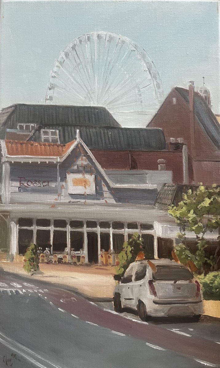 Impressionistic Cityscapes Oil Painting By Cedric Visser, 12 X 20, Orange Fever, Original Artwork