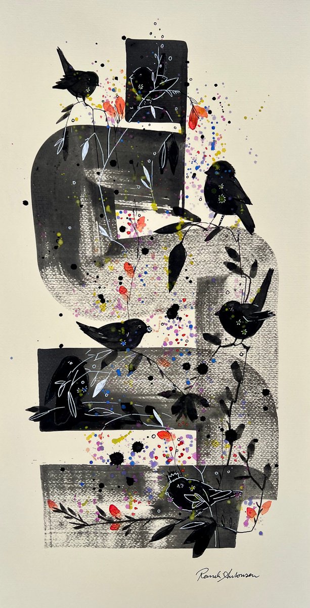 Expressive Animal Ink Drawing By Randi Antonsen, 14 X 28", Hide And Seek, Original Artwork