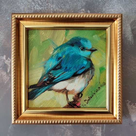 Teal bird miniature painting original 4x4 framed art, Blue Bird wall wildlife art gift for girlfriend