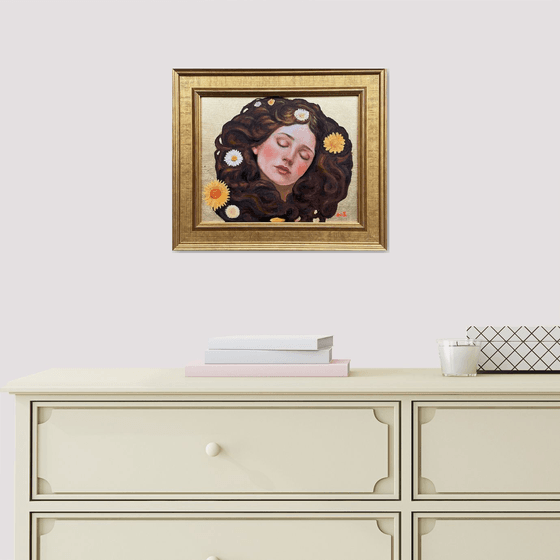 Dream of Flowers: Gold leaf oil portrait with frame.