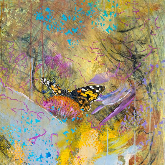 MEADOW AND BUTTERFLIES | ACRYLIC CHARCOAL GRAPHITE ON CANVAS