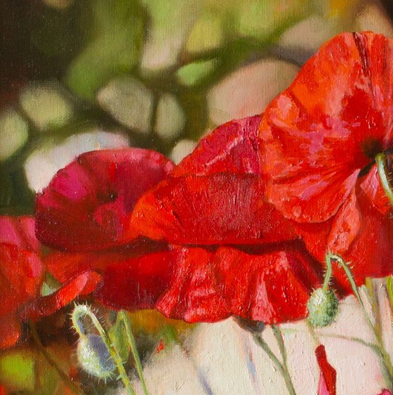 "Scarlet flashes"  flower  poppies summer liGHt original painting  GIFT (2018)