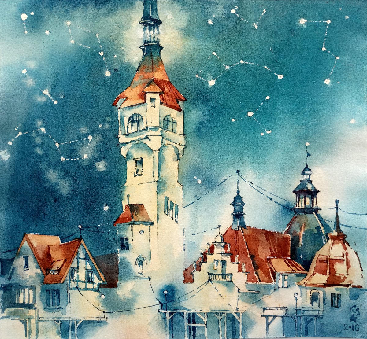 Roofs of the Evening City original watercolor fairy tale by Ksenia Selianko