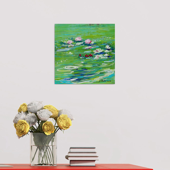 Water Lily Pond Small Floral Painting. Green Painting on Canvas. Modern Impressionism Art