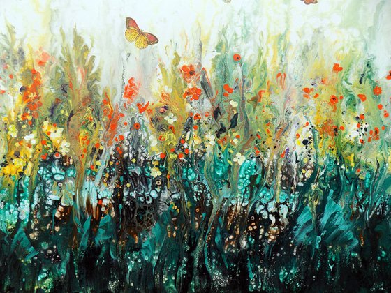 Garden extra large modern painting with flowers and butterflies