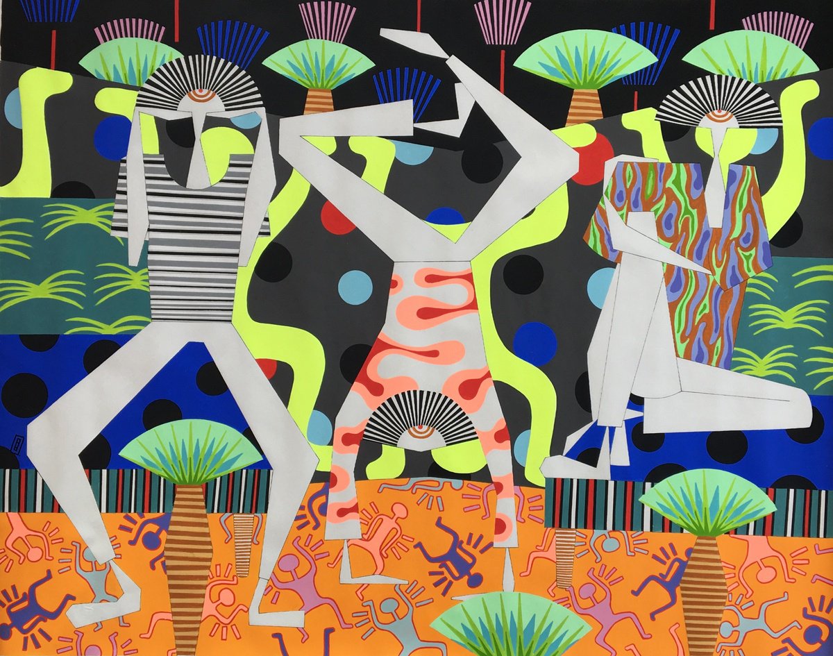 Abstract Portrait Acrylic Painting By Frantisek Florian, 49 X 39, Orange Palms, Original Artwork