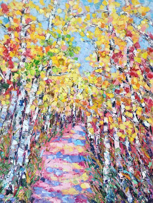 Birch path in autumn by Vilma Gataveckienė