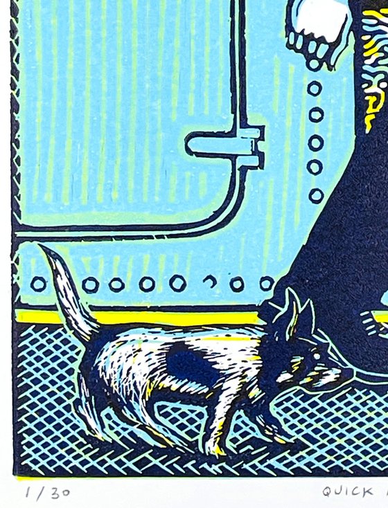 Quick March - Blue linocut