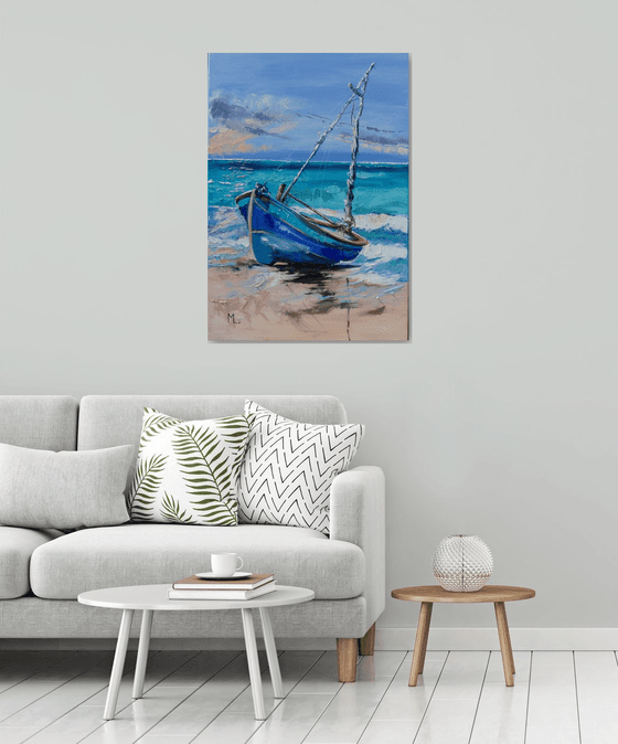 " BOAT SOMEWHERE ON A BLUE BEACH "