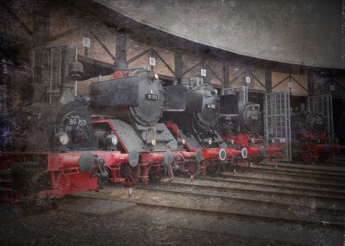 Old steam trains in the depot 10 - 60x80x4cm print on canvas by Kuebler