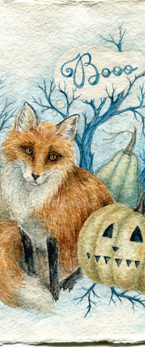 Halloween watercolor illustration with fox and pumpkins by Liliya Rodnikova
