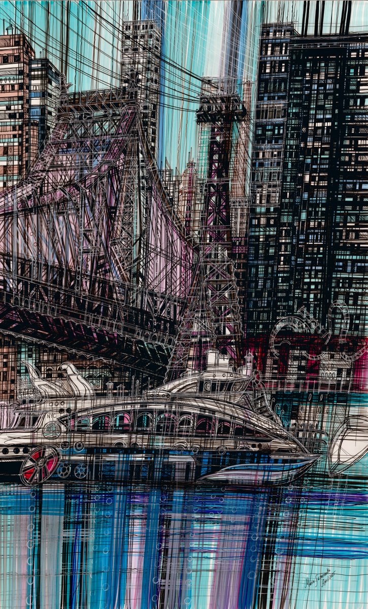 Urban And Pop Cityscapes Drawing By Maria Susarenko, 17 X 28", Queensboro Bridge, Original Artwork