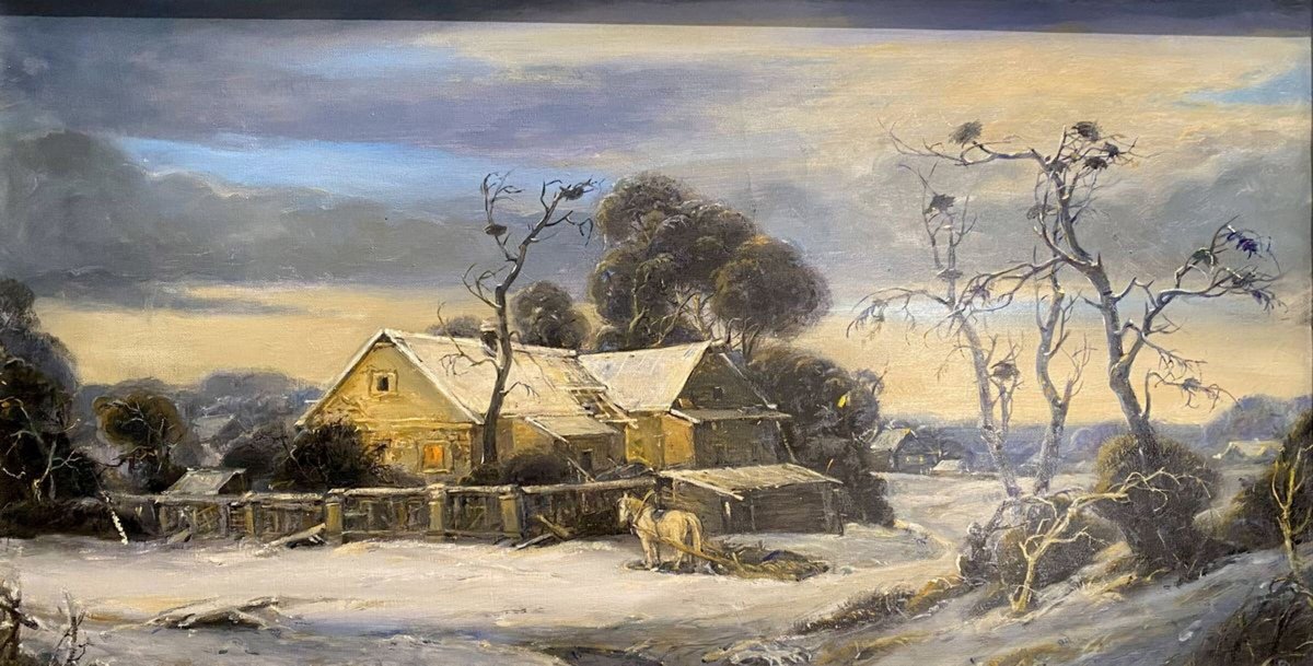 Impressionistic Landscape Oil Painting By Oleg And Alexander Litvinov, 33 X 17", March Evening, Original Artwork