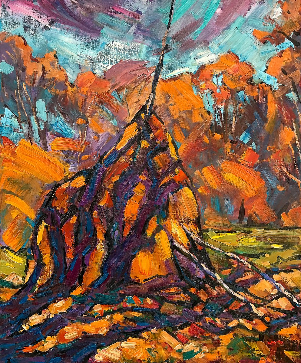 Expressive Landscape Oil Painting By Vasyl Moldavchuk, 20 X 24", Autumn Haystack, Original Artwork