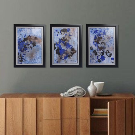 Set of 3 Fluid abstract original paintings on paper A4 - 18J001