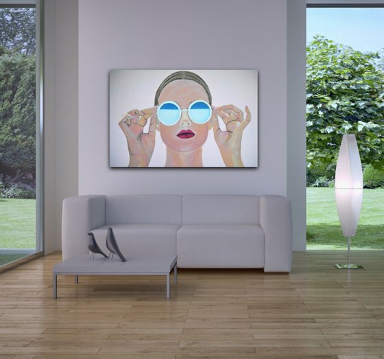 Extra large  painting, Girl with sunglasses / 140 x 90 x 5 cm