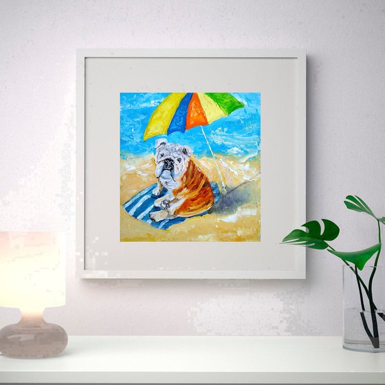 Beach season, Bulldog Painting Original Art Funny Pet Artwork Beach Wall Art English Bulldog on the beach