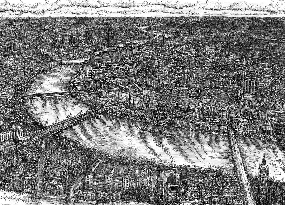 Cityscapes Giclee Print By Ewen Macaulay, 35 X 24, London Panoramic Drawing, Original Artwork