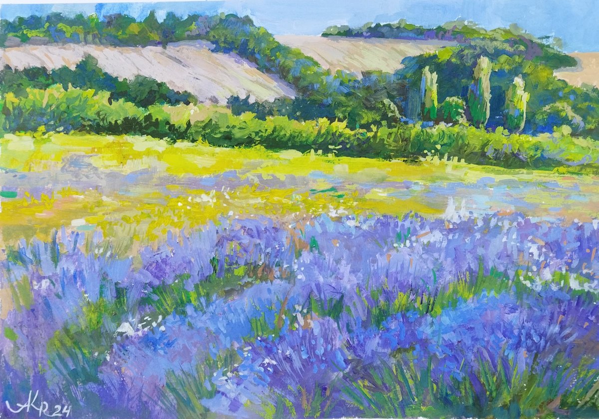 Impressionistic Landscape Painting By Ann Krasikova, 16 X 11, Lavender Field, Original Artwork