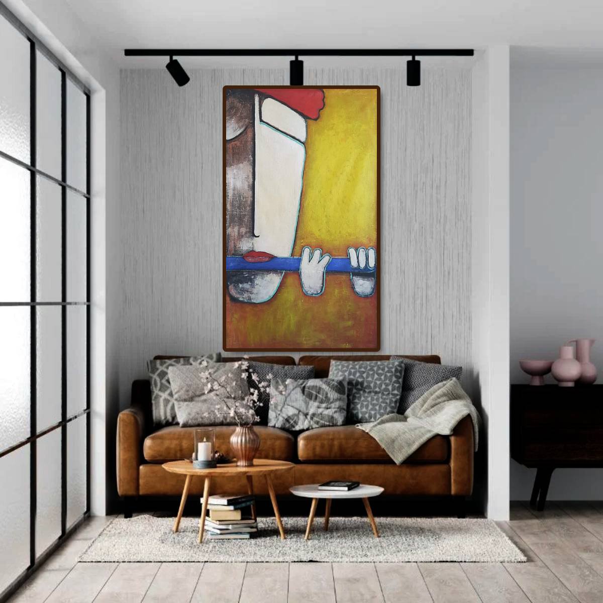 Naive Portrait Acrylic Painting By Zhana Viel, 38 X 63", Fluit Misiek Vii, Original Artwork