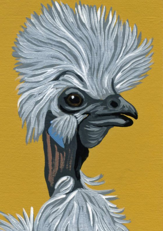 ACEO ATC Original Miniature Painting Fancy  Silkie White Chicken Bird Farmyard Art-Carla Smale