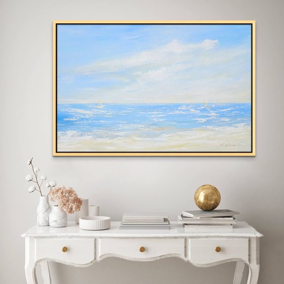 FREEDOM. Abstract Ocean Light Blue Acrylic Painting on Canvas, Contemporary Seascape, Coastal Art