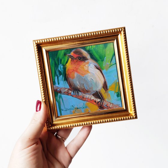 Bird painting original in frame, Robin bird art painting, Blue green animal Miniature painting 4x4, Gift for dad