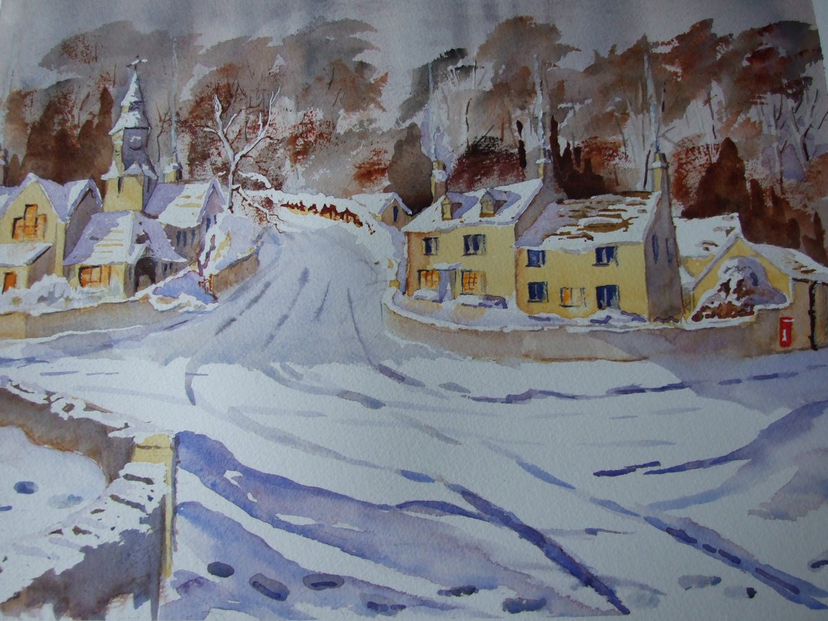 Photorealistic Cityscapes Watercolour By David Harmer, 19 X 15, Cotswold Winter, Original Artwork