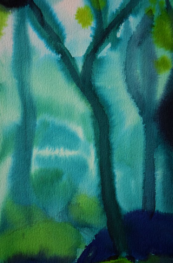 Green forest original watercolor painting, moss trees, mystic wall decor