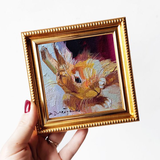 Beige rabbit painting original oil art framed 4x4 inch, Bunny small artwork frame