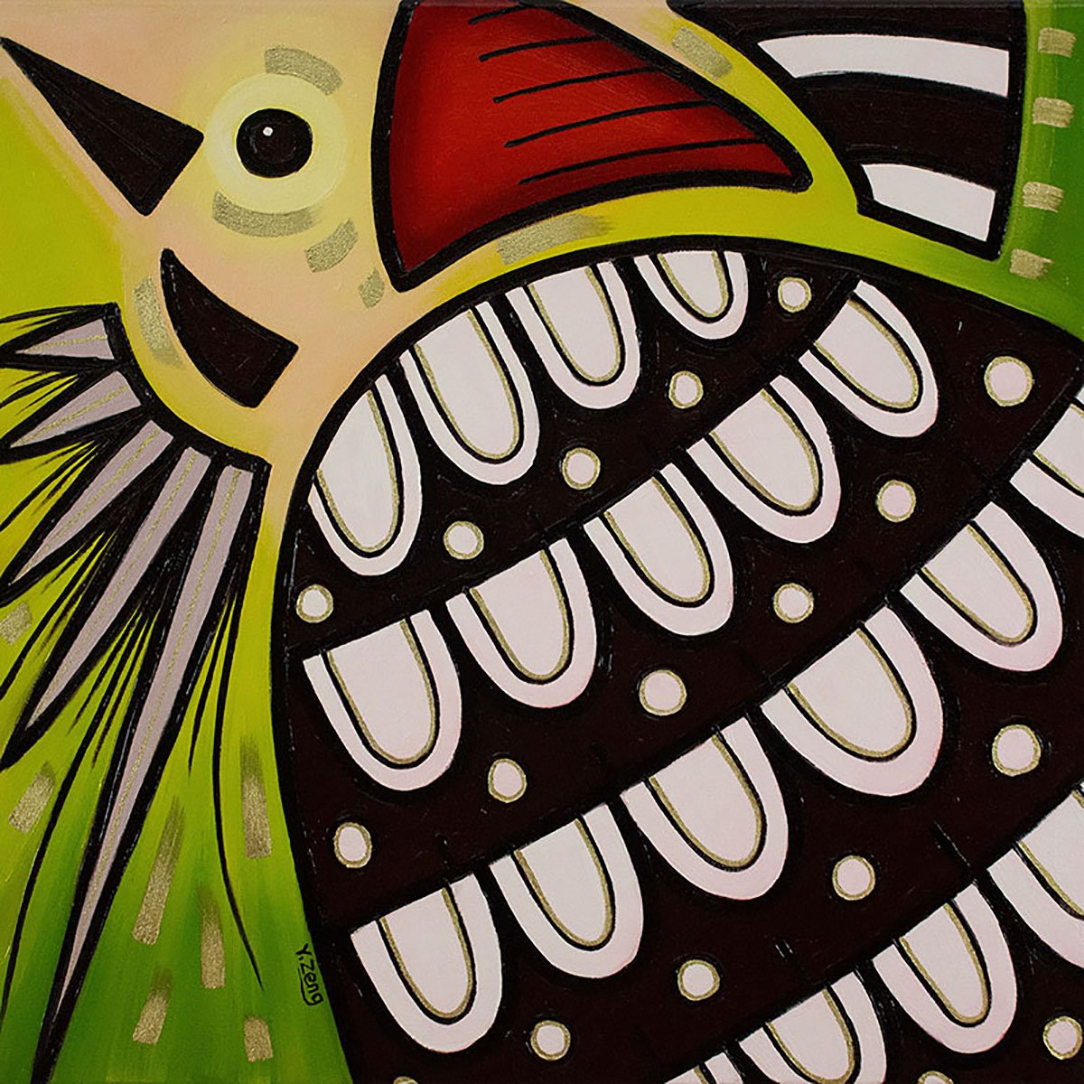 Organic Abstract Oil Painting By Yue Zeng, 20 X 20", Backyard Birds Woodpecker, Original Artwork